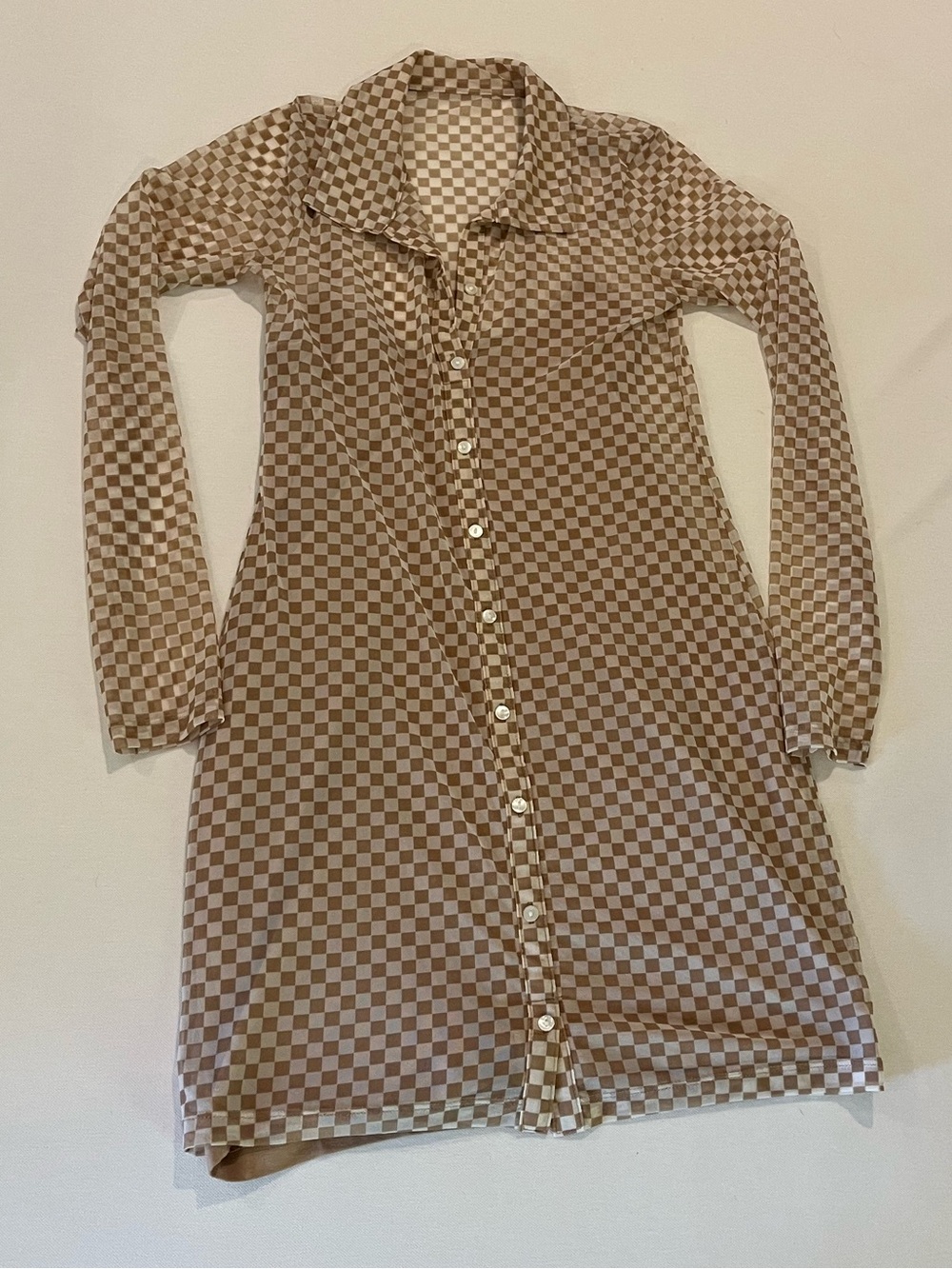 Abercrombie & Fitch Beige & White Checkered Long Sleeve Mini Dress Small Petite